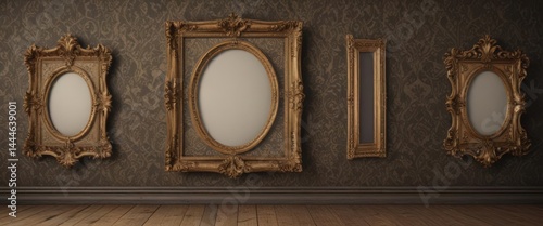 Varied vintage frames, stylish damask backdrop , photo frames, ornate frames, vintage design