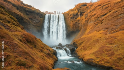 Majestic waterfall cascades down mossy autumnal cliffs in a dramatic Icelandic landscape creating a breathtaking scene.