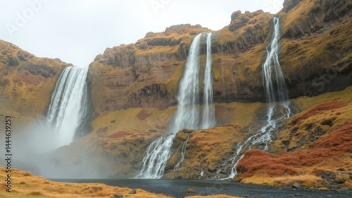 Majestic multiple waterfalls cascade down a steep cliff face in Iceland creating a misty ethereal scene of natural beauty.