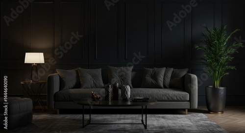 A dimly lit living room featuring a gray sofa, coffee table, lamp, and a potted plant against a dark wall