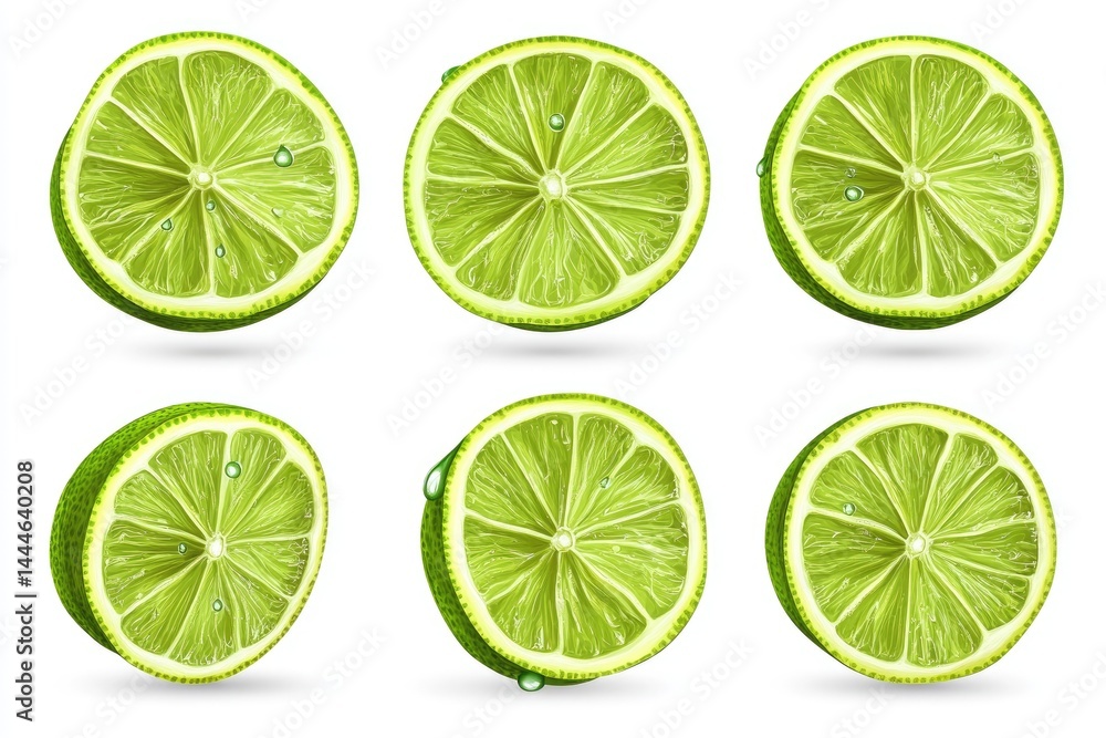 Citrus lime slices, various angles Water droplets on vibrant green fruit Citrus lime slices, various angles Water droplets on vibrant green fruit
