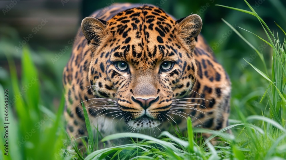 Obraz premium Wild jaguar prowling through dense green grass in its natural habitat during the day