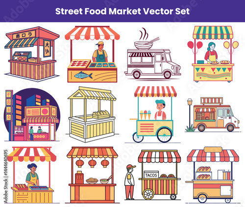 Street Food Stalls and Trucks, Variety of Isolated Cartoon Market, People Selling Foods