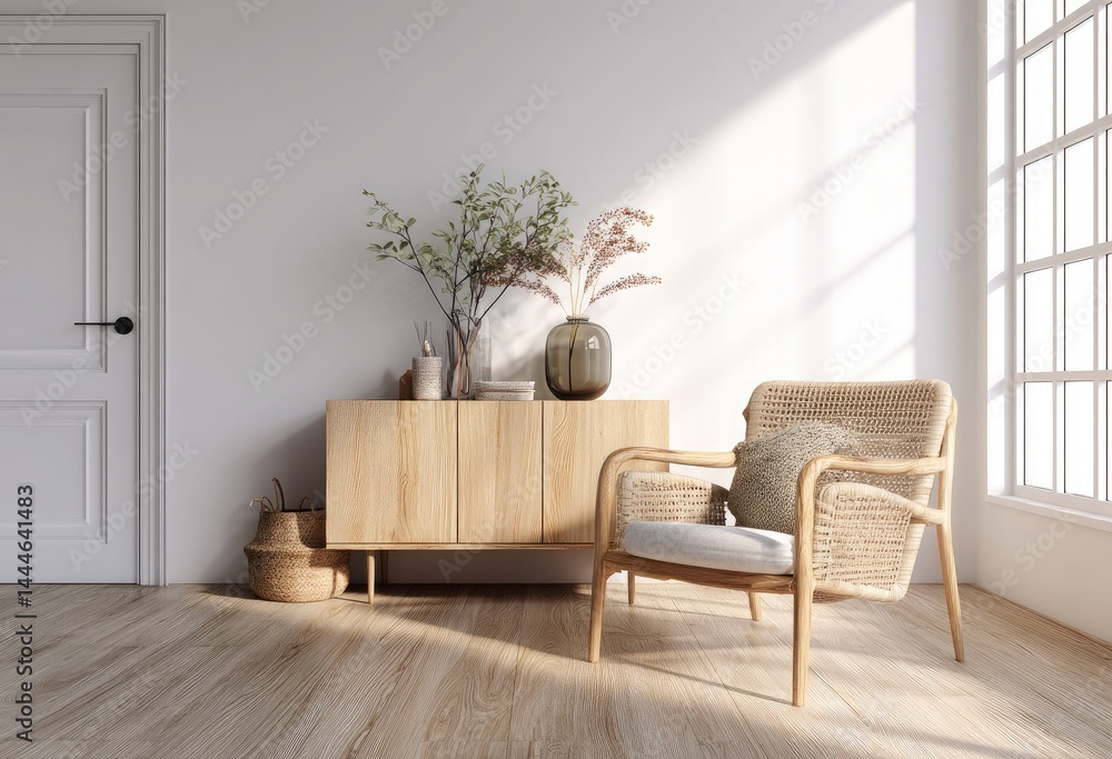 Obraz premium White wall mockup in a modern interior with a wooden console and armchair, natural light, and a wooden floor. Close-up view.