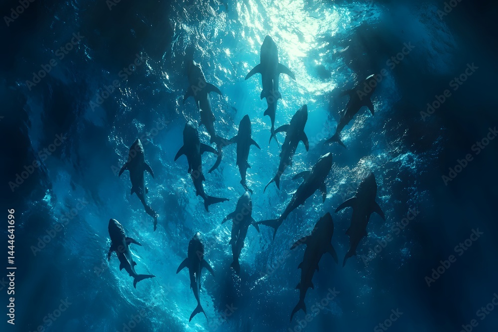 Fototapeta premium Aerial view of a school of sharks swimming in the ocean with sunlight shining through the water surface
