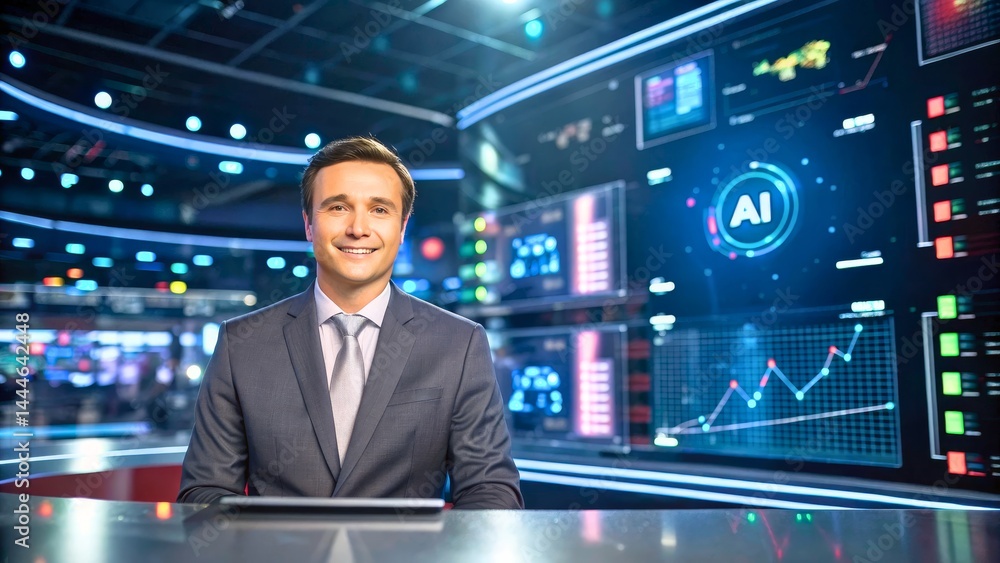 Fototapeta premium Professional Male News Anchor with Digital Financial Background in Modern Broadcast Studio