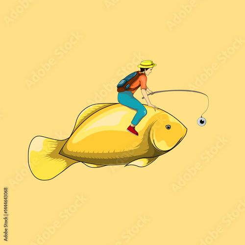 Man riding a giant fish with a fishing rod. Whimsical concept. Fantasy illustration.