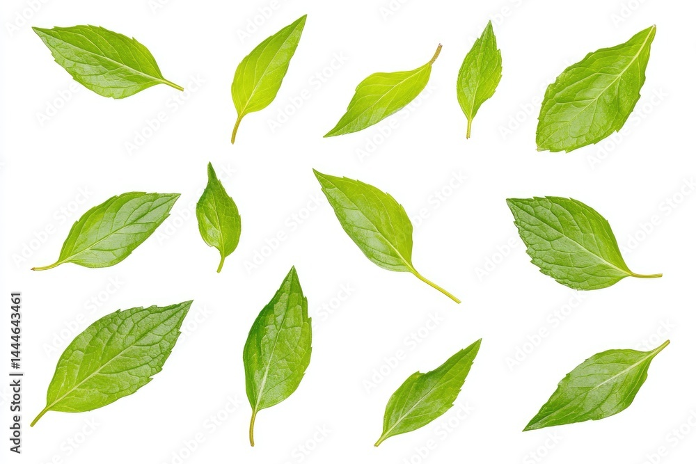Fresh green leaves scattered on white background Detailed close-up view of various leaf shapes and sizes Healthy vibrant green color Fresh green leaves scattered on white background Detailed close-up view of various leaf shapes and sizes Healthy vibrant green color