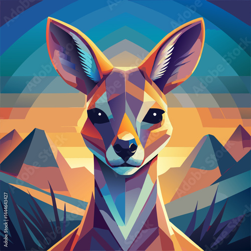 Geometric Deer Portrait with Sunset Mountain Background