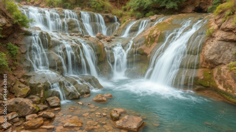 Obraz premium Serene turquoise waterfall cascades over mossy rocks into a tranquil pool in a lush green mountain valley.