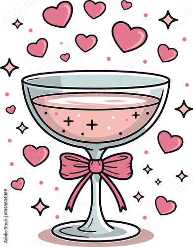 Romantic Pink Cocktail in Glass with Hearts and Stars Illustration