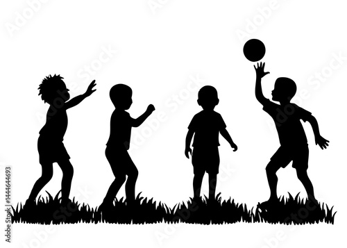 "Silhouette of Children Playing with a Ball on a Sunny Field"