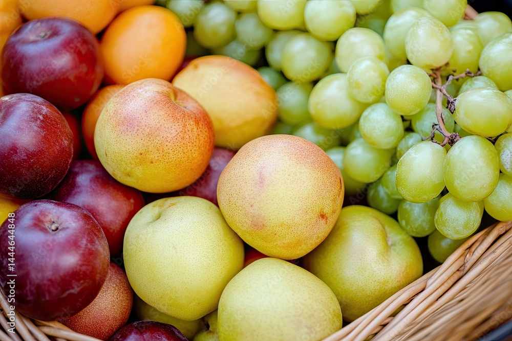 Assorted fresh fruits in a basket Close-up view of various colorful fruits including plums, peaches, apples, and grapes Vibrant display of healthy produce Assorted fresh fruits in a basket Close-up view of various colorful fruits including plums, peaches, apples, and grapes Vibrant display of healthy produce