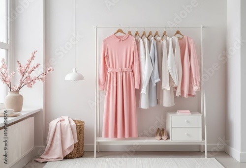 Wallpaper Mural A stylish white wardrobe stands against a soft pastel wall, adorned with an array of vibrant pink clothes, creating a cheerful and inviting atmosphere. Torontodigital.ca