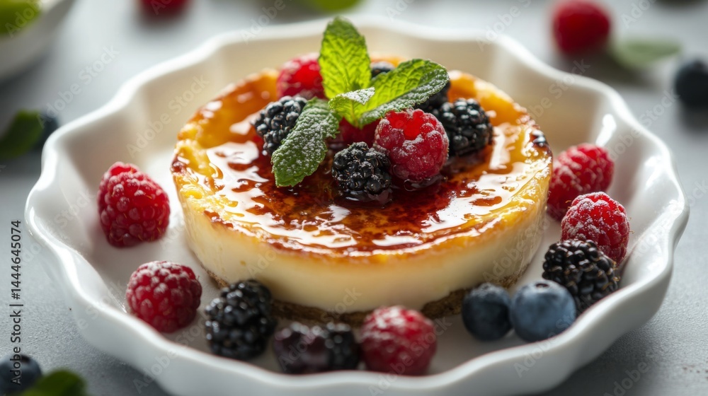 Delicious cheesecake topped with fresh berries and mint on a white plate Delicious cheesecake topped with fresh berries and mint on a white plate