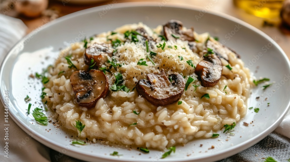 Mushroom risotto cooked with fresh ingredients in a cozy kitchen setting Mushroom risotto cooked with fresh ingredients in a cozy kitchen setting