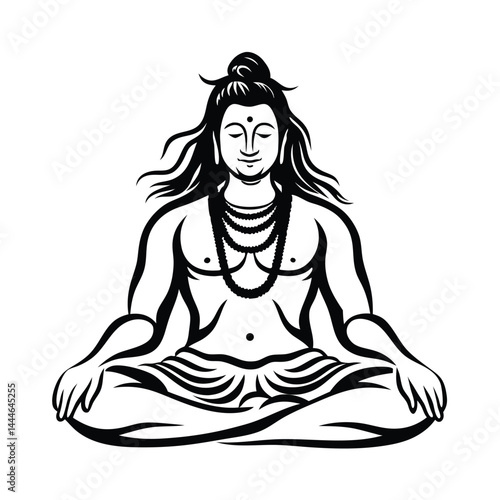 Shiva Yogi in Lotus Pose, Black and White Line Art, Indian God Icon, Spirituality Design