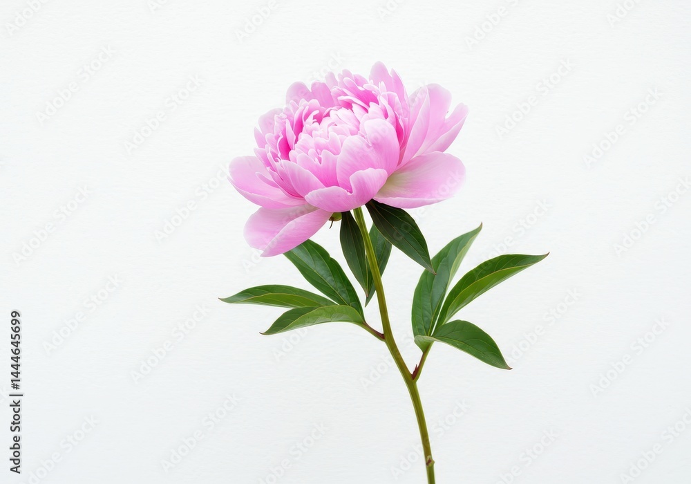 A single pink peony flower with green leaves on a stem against a plain white background in a studio shot A single pink peony flower with green leaves on a stem against a plain white background in a studio shot