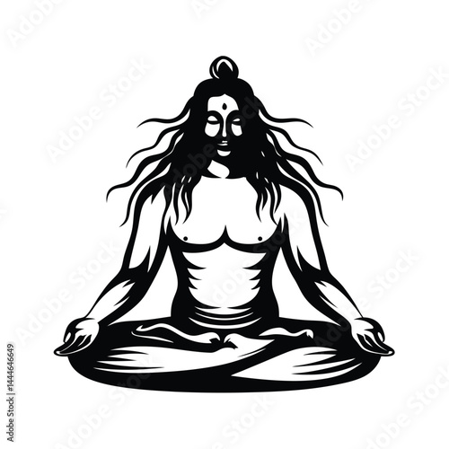 Black and White Silhouette of Man Meditating in Lotus Position with Long Hair