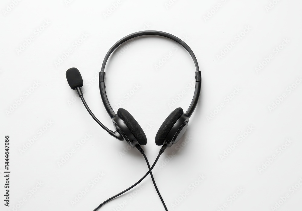 A black headset with a microphone lying on a white surface in a studio setting overhead view A black headset with a microphone lying on a white surface in a studio setting overhead view