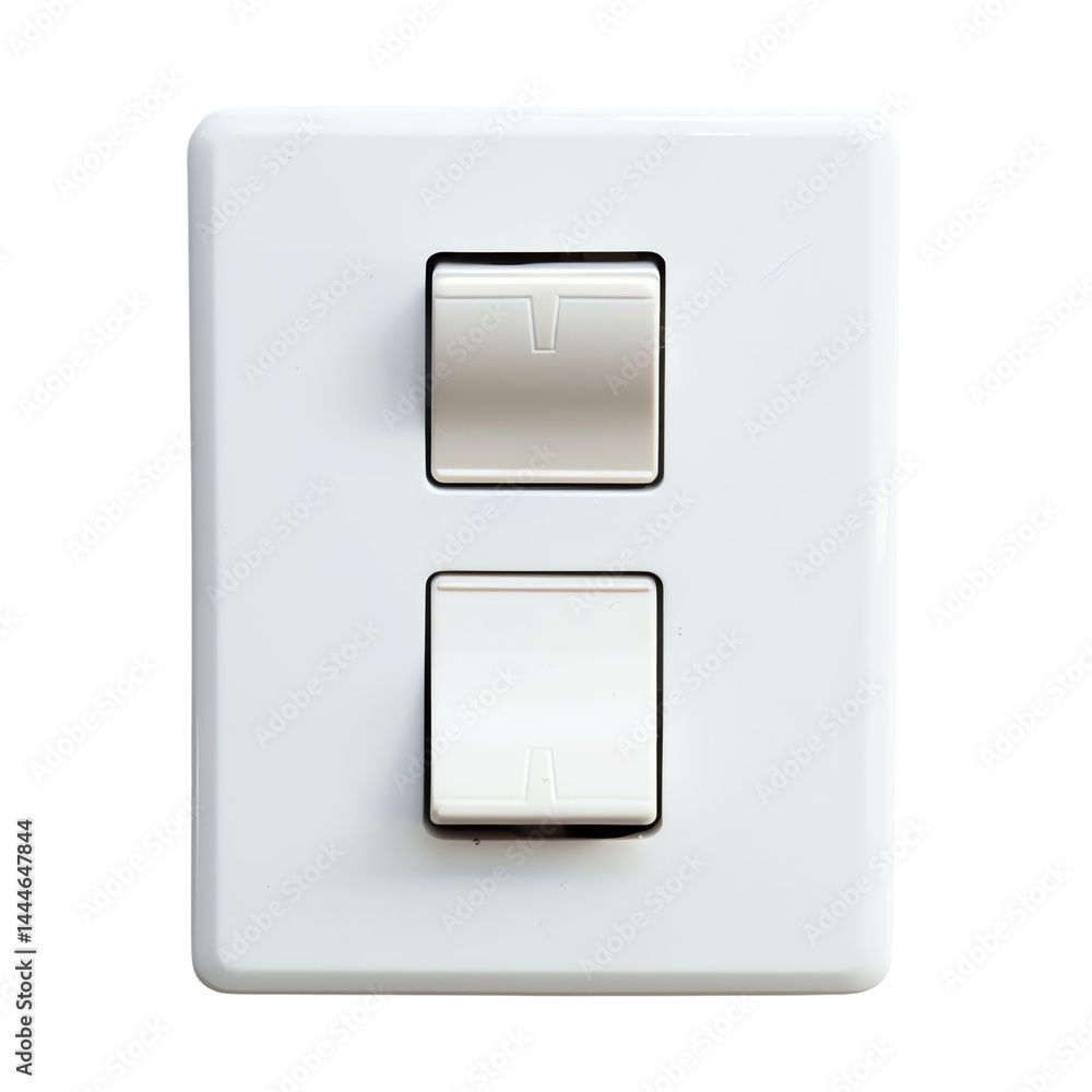 Closeup image of modern white double light switch mounted on wall, showcasing its sleek design and functionality, perfect for contemporary interiors Closeup image of modern white double light switch mounted on wall, showcasing its sleek design and functionality, perfect for contemporary interiors