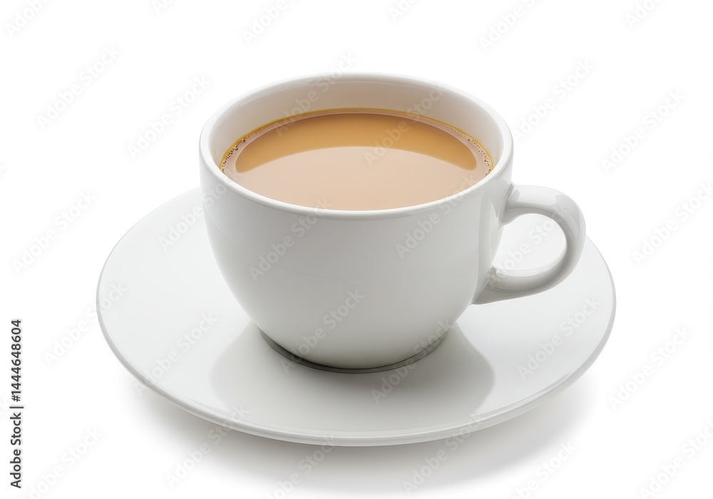 A simple white cup of coffee with milk sitting on a matching saucer against white background view A simple white cup of coffee with milk sitting on a matching saucer against white background view
