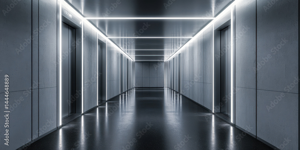 Sleek, modern hallway with reflective floors and bright linear lighting creates futuristic atmosphere. minimalist design features smooth walls and multiple elevator doors, enhancing space symmetry