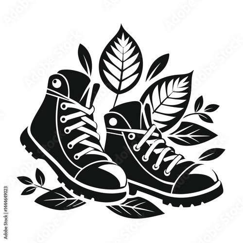 Hiking Boots Silhouette with Laces & Decorative Leaves Adventure Ready Footwear Symbol