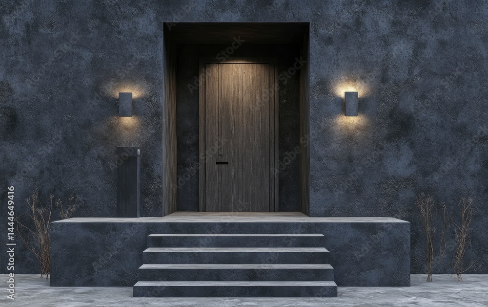 Fototapeta premium Modern Dark House Facade with Wooden Door and Steps