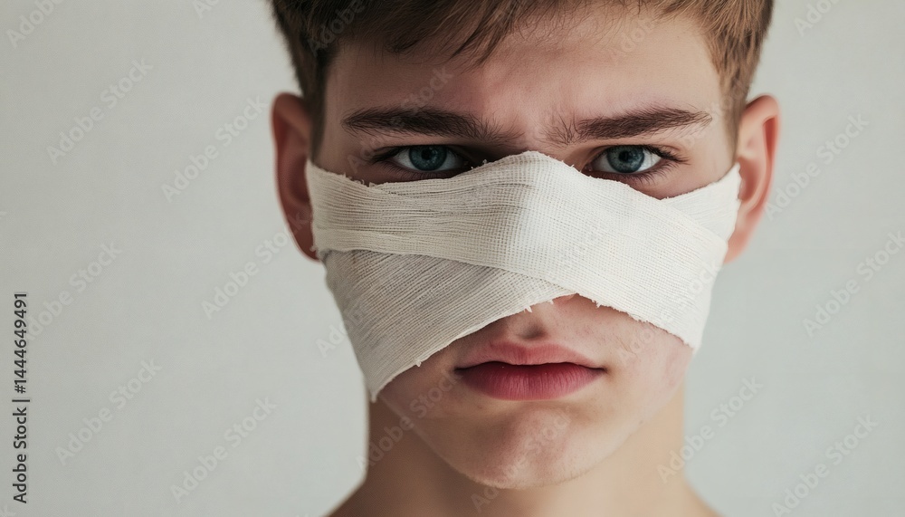 custom made wallpaper toronto digitalClose-up portrait of a young person with facial bandages.