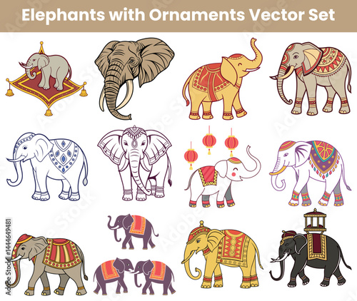 Decorated Elephants Clipart Set, Ornamental, Indian Culture, Mammals, Asian, Jumbo