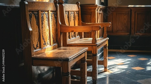 Two wooden chairs sit in a sunlit space