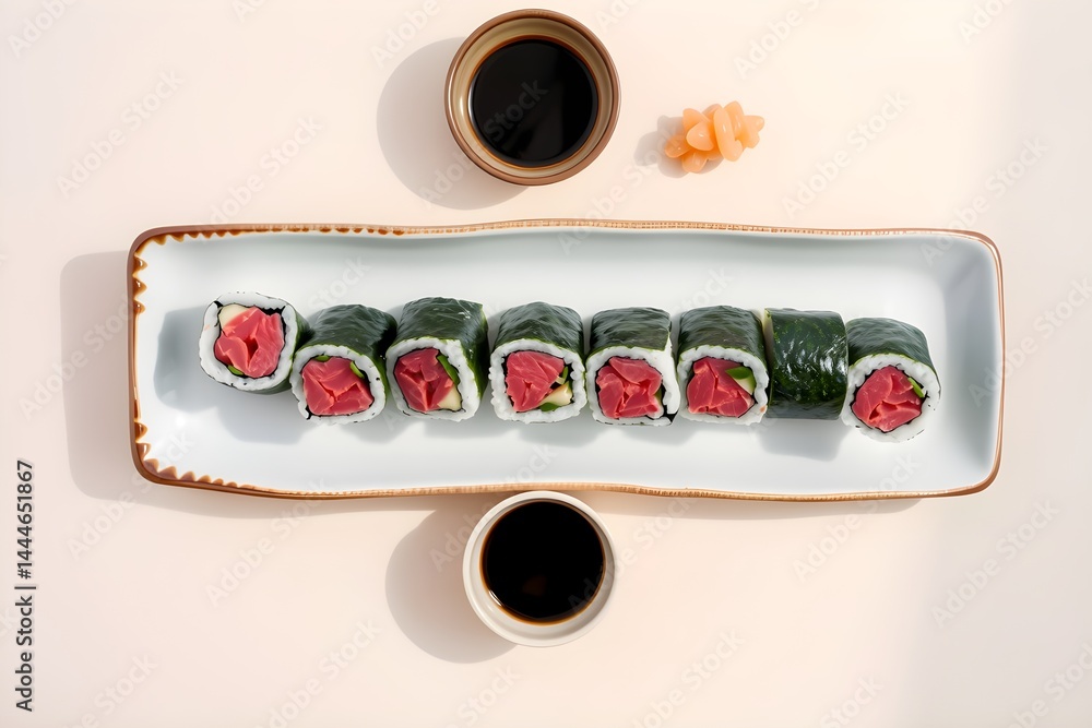 Sushi rolls filled with red tuna and cucumber, wrapped in nori, on a rectangular plate. Soy sauce bowls and ginger are placed nearby, creating a fresh, appetizing vibe Sushi rolls filled with red tuna and cucumber, wrapped in nori, on a rectangular plate. Soy sauce bowls and ginger are placed nearby, creating a fresh, appetizing vibe