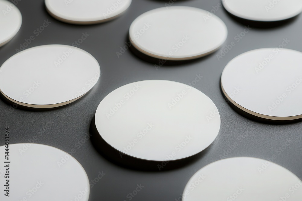 Circular white coasters arranged on a dark surface, creating a minimalist aesthetic Circular white coasters arranged on a dark surface, creating a minimalist aesthetic