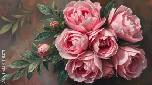 A stunning close-up photograph showcases a vibrant bouquet of delicate pink peonies with lush green leaves artistically arranged.