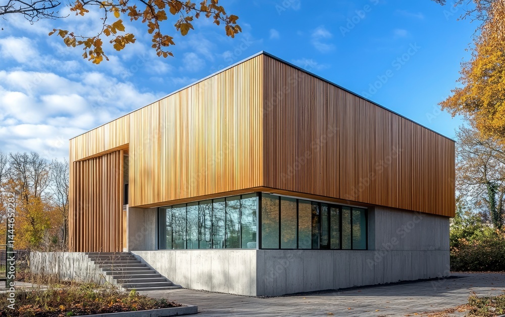 Fototapeta premium Modern Building with Wood and Concrete Exterior