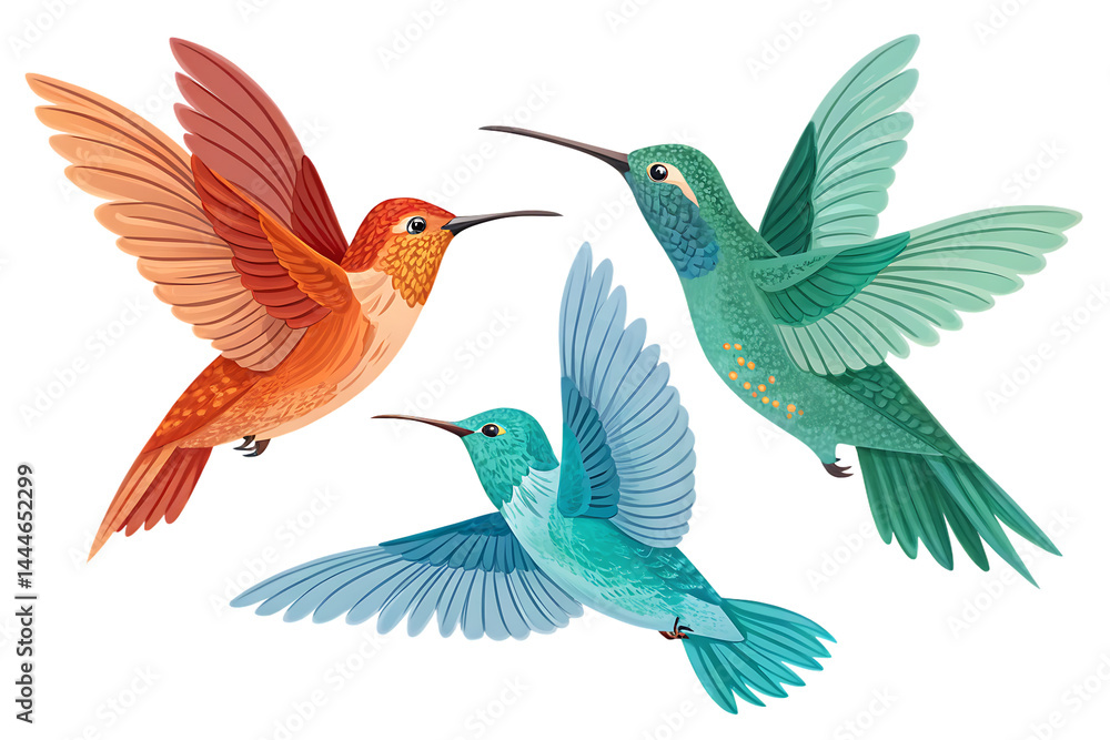 Fototapeta premium Vibrant Digital Illustration of Three Hummingbirds in Mid-Flight – Colorful and Dynamic