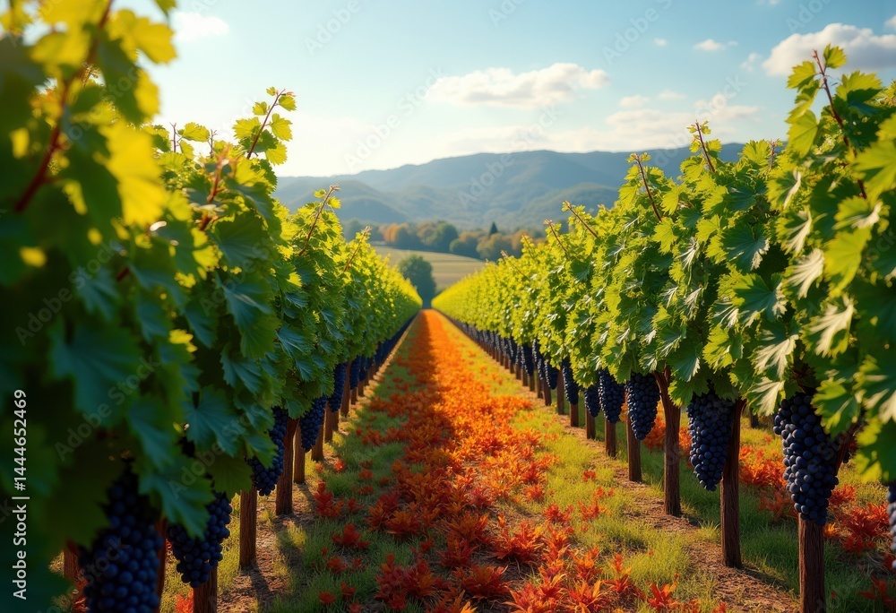 Fototapeta premium vibrant vineyard grapes lush foliage colorful nature outdoor landscape wine agriculture, fruit, leaf, harvest, scenery, sunset, cluster, field, orchard