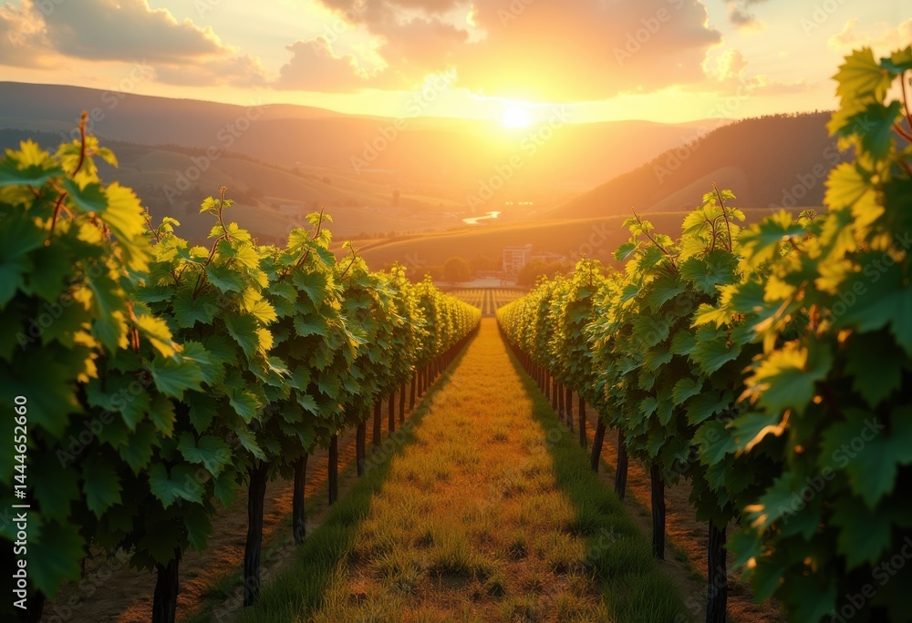 Fototapeta premium vibrant vineyard rows golden hour spectacular nature landscape grapevines glistening sunlight rolling hills agriculture, wine, sunset, field, plant, soil
