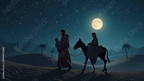 Joseph, Mary, and baby Jesus go to Egypt at night