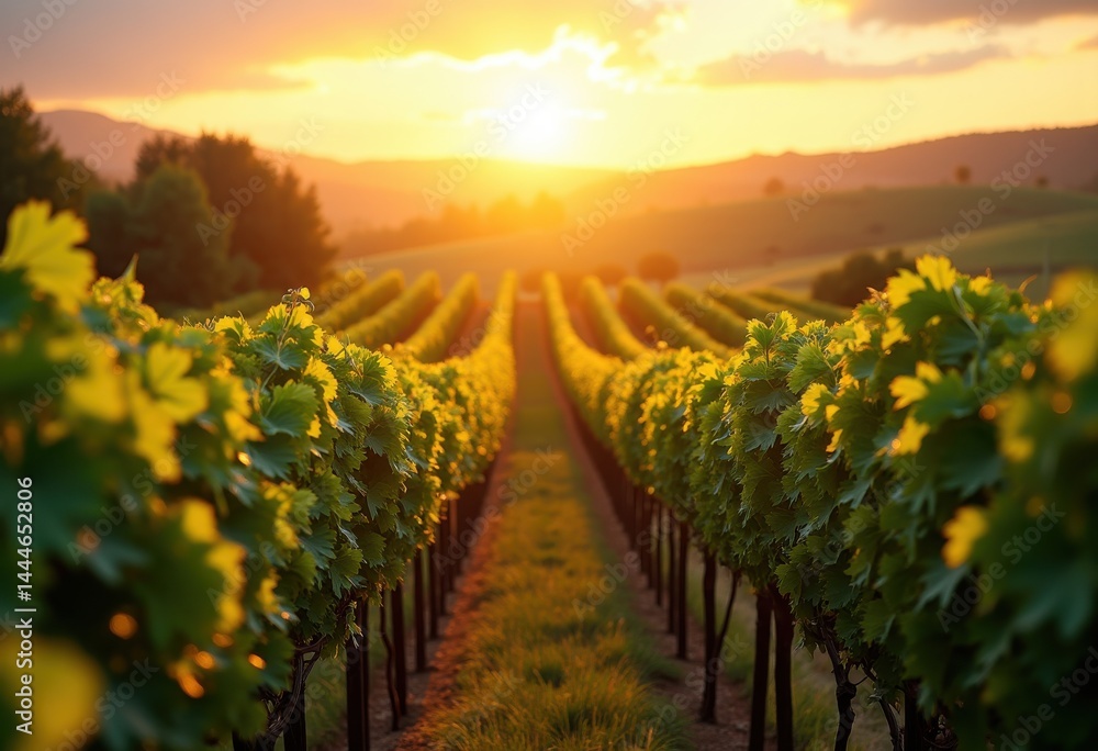 Naklejka premium vibrant vineyard rows sunset agricultural landscape lush green grapevines golden sky, nature, agriculture, field, plant, flora, horizon, outdoors