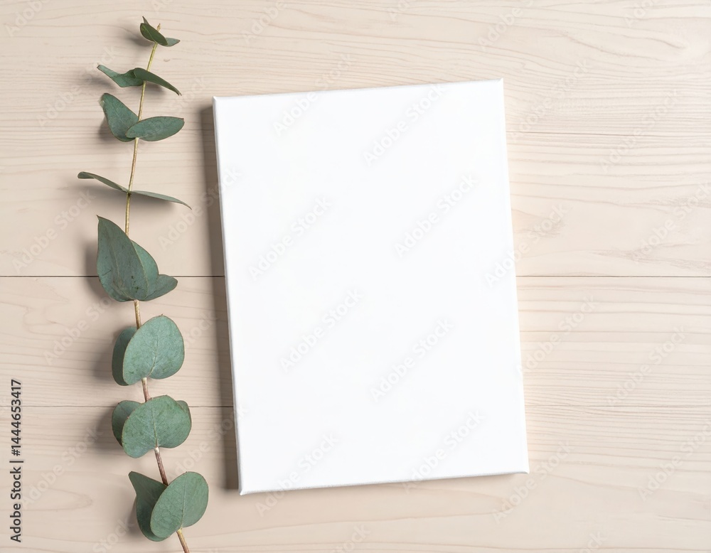 A blank sheet of white paper rests on a rustic wooden surface, adorned with delicate eucalyptus leaves, creating a serene and natural aesthetic. A blank sheet of white paper rests on a rustic wooden surface, adorned with delicate eucalyptus leaves, creating a serene and natural aesthetic.