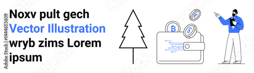 Wallet emitting data flow, cryptocurrency coins, pine tree, person analyzing data. Ideal for crypto trading, finance, blockchain, sustainability, digital investment fintech simple landing page