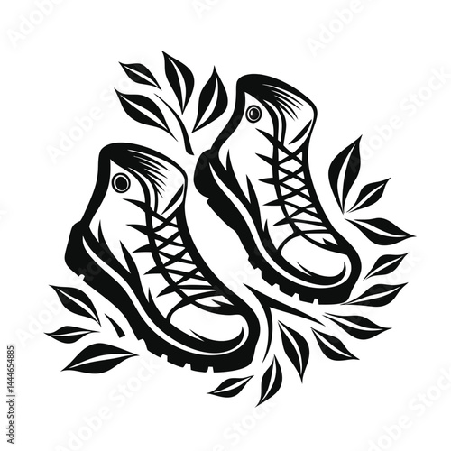 Hiking Boots Isolated. Black and White Boots with Laces Surrounded by Leaves