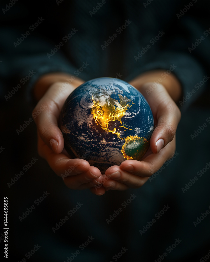 Close-up of two hands cuddling and protecting planet earth, optimistic Close-up of two hands cuddling and protecting planet earth, optimistic