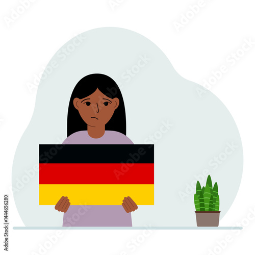 A little girl is holding the flag of Germany in his hands. The concept of demonstration, national holiday or patriotism. Nationality. Vector flat illustration