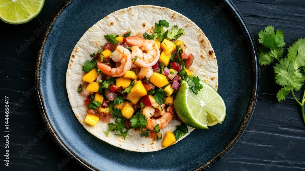 Shrimp mango taco top view Shrimp mango taco top view
