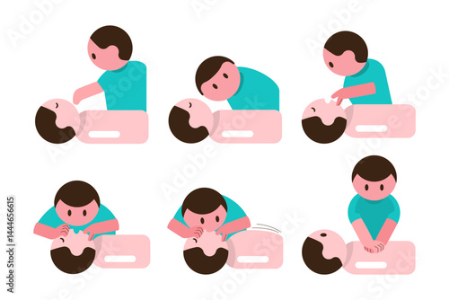CPR . Cardiopulmonary resuscitation guideline . Include chest compression, open airway and rescue breathing . Flat design cartoon characters . Isolate white background . Vector .