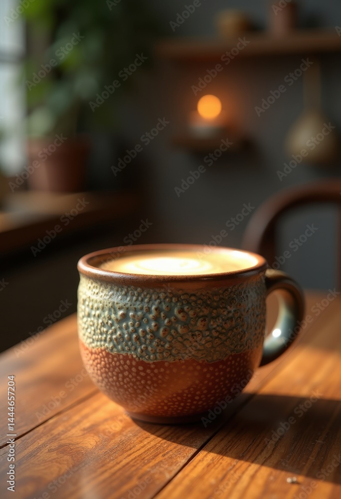 Fototapeta premium unique textured ceramic coffee cup artisan design close warm beverage reflection, mug, handmade, drinks, glaze, pottery, vessel, tableware, craftsmanship