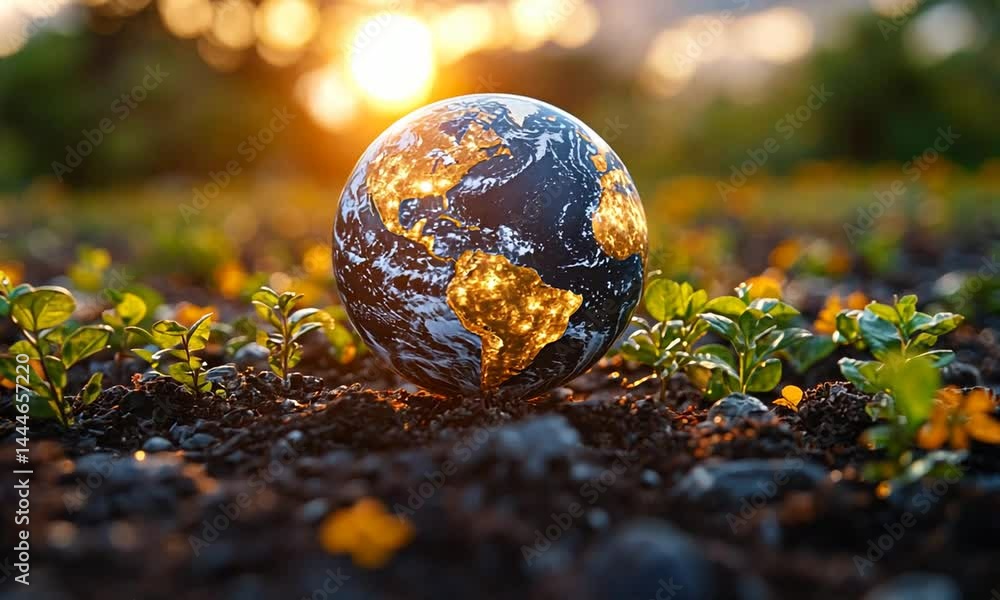 A glowing Earth globe rests on fertile soil surrounded by vibrant green plants at sunset A glowing Earth globe rests on fertile soil surrounded by vibrant green plants at sunset